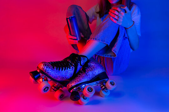 Roller Skater Holding A Soda Drink In A Can While Skating Break. Sports - Pink And Blue Pop Art Style Poster.