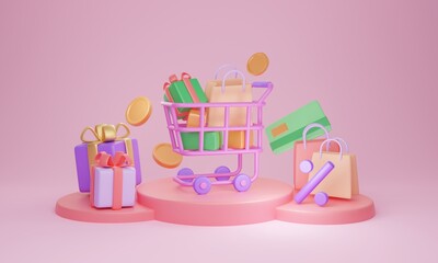 Shop sale, full shopping cart with bags on podium, 3D illustration concept. Retail store promotion event. Discount deal offer for online shopping. E-commerce store marketing and special discount deal.