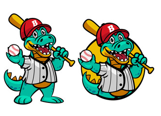 Set Crocodile Cartoon Mascot of Baseball Player