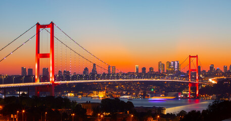 Awesome Panoramic view of Istanbul Bosphorus on sunset. Istanbul Bosphorus Bridge (15 July Martyrs...