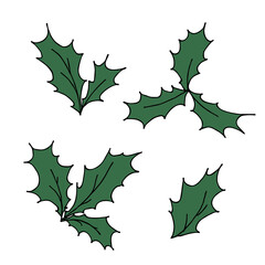 Fototapeta premium Hand drawn Christmas and New Year holly leaves bunch doodle set. Holiday clipart