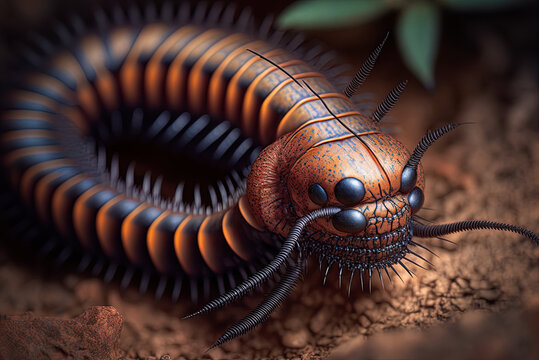 An up-close look at a brown centipede, lithobius forficatus, native to Europe. Generative AI