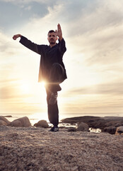 Man, tai chi and meditation while calm, mindfulness and wellness for mindfulness, balance and relax...