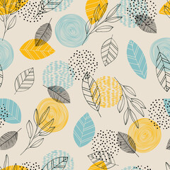 Scandinavian hand drawn seamless pattern with leaves and dots. Minimalistic nordic style. Vector illustration. Cute botanical elements. Great for textile, decor and printed products. - obrazy, fototapety, plakaty