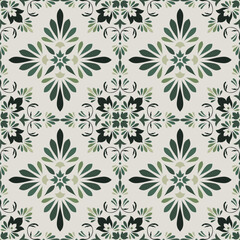 Fototapeta na wymiar Ceramic green leaves pattern seamless vector. Cute background design damask style
