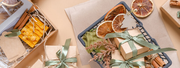 Christmas gift. gift box,zero waste, eco friendly hand made box packaging gifts in kraft paper table, eco christmas holiday concept, Christmas gift wrapping,eco decor banner