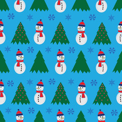 Cute snowman seamless pattern. Cute cartoon character. Snowman, yolka and falling snow. Blue background. Vector illustration.