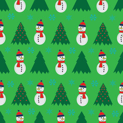 Cute snowman seamless pattern. Cute cartoon character. Snowman, yolka and falling snow. Green background. Vector illustration.