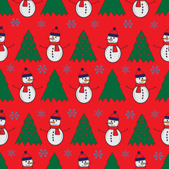 Cute snowman seamless pattern. Cute cartoon character. Snowman, yolka and falling snow. Red 
background. Vector illustration.
