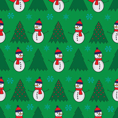 Fototapeta na wymiar Cute snowman seamless pattern. Cute cartoon character. Snowman, yolka and falling snow. Green background. Vector illustration.