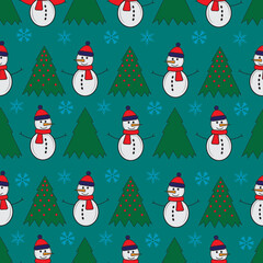 Cute snowman seamless pattern. Cute cartoon character. Snowman, yolka and falling snow. Green background. Vector illustration.