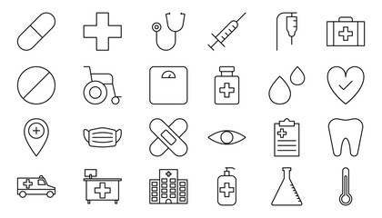 Hospital and medical care icons set. Editable strokes. Vector illustration.