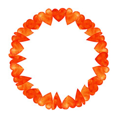 Watercolor hand drawn wreath of red, purple, pink and scarlet hearts for Valentine's day. Isolated on white background. Design for paper, love and greeting cards, textile, print, wallpaper, wedding