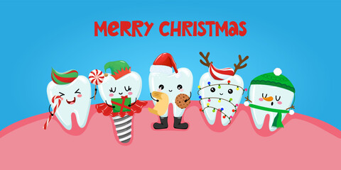 Merry Christmas - Tooth team characters in kawaii style. Hand drawn teeth with funny clothes. Good for school prevention poster, greeting card, banner, textile.