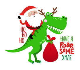 Have a roarsome Christmas - Santa rides a trex dinosaur. Merry Christmas, xmas and happy new year funny concept. Cartoon vector illustration. Santa Claus is coming to town. © Zsuzsanna
