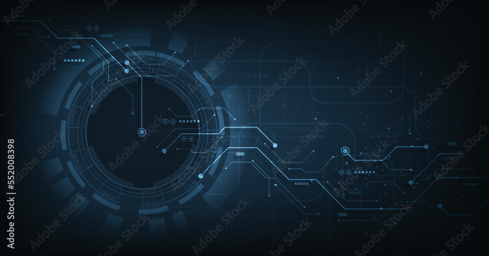 Poster Abstract Digital electric circuit circle background.Image electric circuit on dark blue background.High-tech circuit board connection system concept.