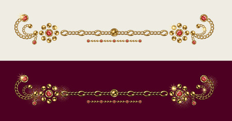 Vintage jewelry border line, divider made of gold ball beads, red rhinestones, gems, gold chains on white and deep red background. Vector design element