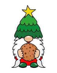 Adorable Christmas gnome with Christmas tree hat - gnome with Santa cookie. Nordic magic dwarf. Cute holidays Elf with hat. Vector illustration for Winter holidays and happy new year.