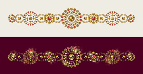 Baroque border motif like bracelet. Ornament made made of gold jewelry chains, ruby gems, rhinestones, ball beads in vintage style. Vector illustration on white, red background.