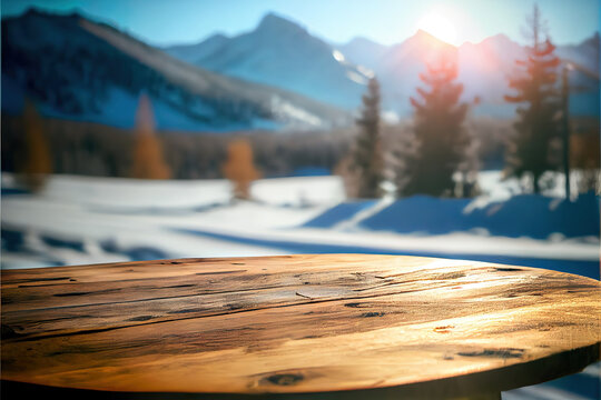 Outdoor winter background with empty wooden table for product display, blurred winter landscape background, copy space