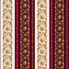 Seamless striped pattern with precious jewelry elements, gold beads, chains, red gems. Ornate mosaic style. Good for clothing, apparel, fabric, textile, surface design.