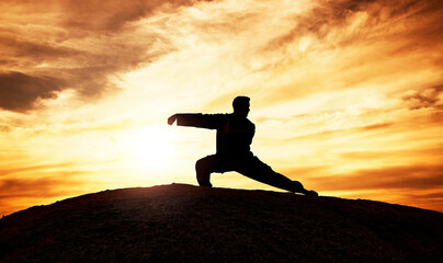 Tai chi, exercise and man at sunset to practice a spiritual workout in nature with an athlete. Silhouette, martial arts training and male fitness practitioner doing chi gong on a hill at sunrise - obrazy, fototapety, plakaty