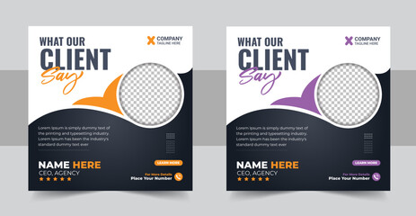 Creative client testimonial social media post template, Customer service feedback review social media post or web banner design with color variation template.