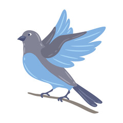 Illustration of cute bird sitting on branch. Image of birdie in simple style.