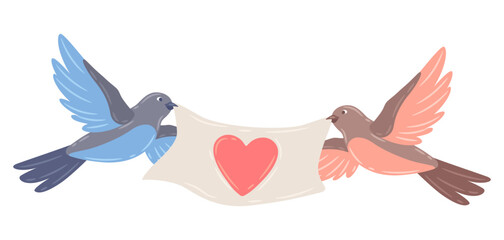 Illustration of cute flying birds and holding heart. Image of birdies in simple style.