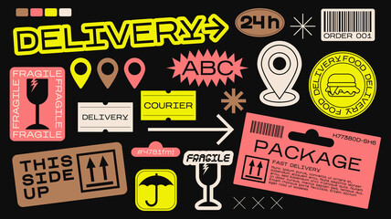 Collection of various patches, labels, tags, stickers, stamps, shipping, delivery, packaging. Funky hipster stickers in 90s style. Vector set, trendy promo labels
