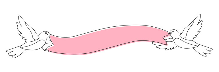 Illustration of cute flying bird and holding ribbon. Image of birdie in simple style.