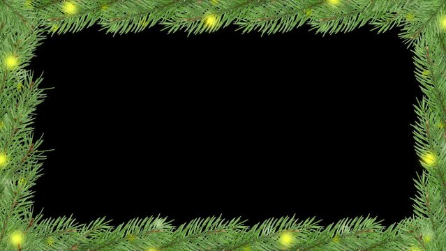 4K Design flashing lights on the branches of the Christmas tree. decorative borders with green Fir and lights. Holiday Frame Template from Fir branches on black background, New year card or banner  