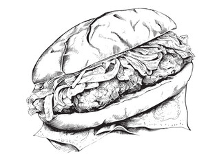 Lula kebab in a bun hand drawn sketch Asian food Restaurant business concept