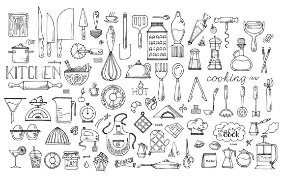 Set of kitchen tools doodles. Hand drawn kitchen equipments. .Vector illustration on white background. Clipart for restaurant menu, recipe book, and wallpaper.