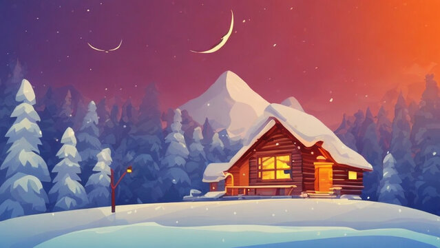 illustration style, Warm and cozy winter cabin nestled in a snow-covered forest