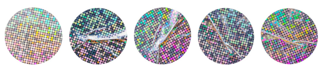 Blank round adhesive holographic foil sticker label set isolated on white background