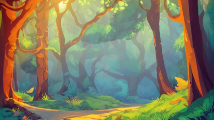 illustration style, Serene forest path with dappled sunlight and fallen leaves