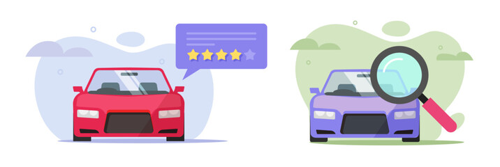 Car rating rental review inspect check vector icon or vehicle history inspection feedback comparison flat graphic illustration, auto examine service, automobile test analysis via magnifier glass image