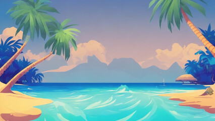 Fototapeta na wymiar illustration style, Relaxing, sandy beach with turquoise waters and palm tree