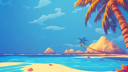 Fototapeta na wymiar illustration style, Relaxing, sandy beach with turquoise waters and palm tree