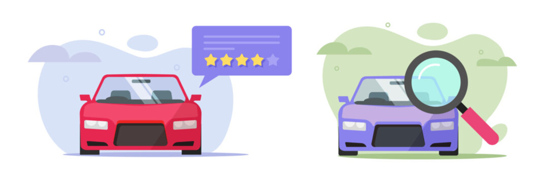 Car rating rental review inspect check vector icon or vehicle history inspection feedback comparison flat graphic illustration, auto examine service, automobile test analysis via magnifier glass image