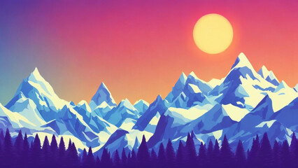 illustration style, Majestic, snow-capped mountain peaks with a brilliant sky