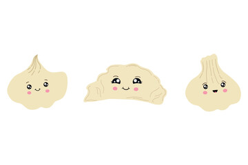 A set of cute dumplings in the style of kawaii. Vector illustration of Asian cuisine.