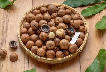 Macadamia nuts with leaf and Macadamia with hard shell on wooden plate on wooden background.