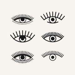 Eyes design element. Set of 4 geometric eye shapes. Simple contour vector element for pattern, badge, insignia.
