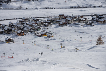 Town of Livigno in winter. Livigno landscapes in Lombardy, Italy, located in the Italian Alps, near the Swiss border.