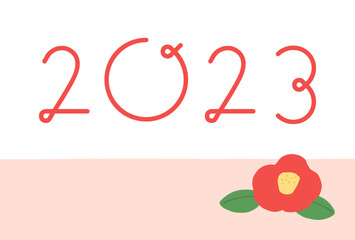 2023の文字と手描きの赤い椿の花の年賀状素材 - フォトフレーム/ゼロの部分
