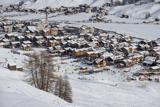 Panorama Town of Livigno in winter. Livigno landscapes in Lombardy, Italy, located in the Italian Alps, near the Swiss border.