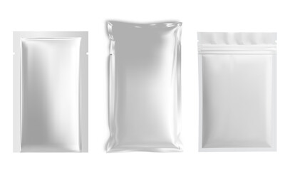 Foil sachet mockup, plastic pouch blank, vector template. Shiny silver package for wipe sheet, face mask. Glossy aluminum bag for tea, sugar, candy, biscuit. Wet napkin zipper envelope