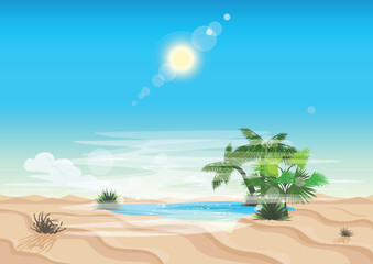 Fototapeta na wymiar Mirage or oasis in a hot desert with a pond and palm trees. Surreal vector illustration.